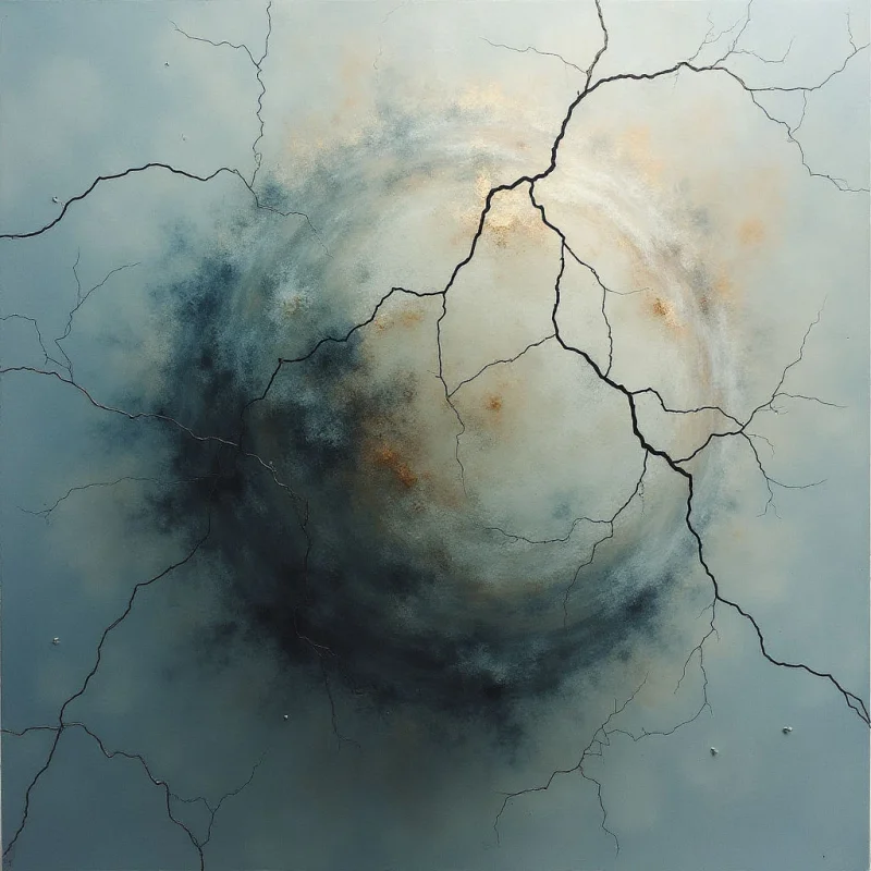 A dark, swirling mass dominates the center of a pale blue field, resembling a storm or shadowed form. A network of fine, black cracks spreads across the entire surface, like fissures in dry earth or broken glass. Small specks are scattered around the periphery, suggesting distant points of light or debris.