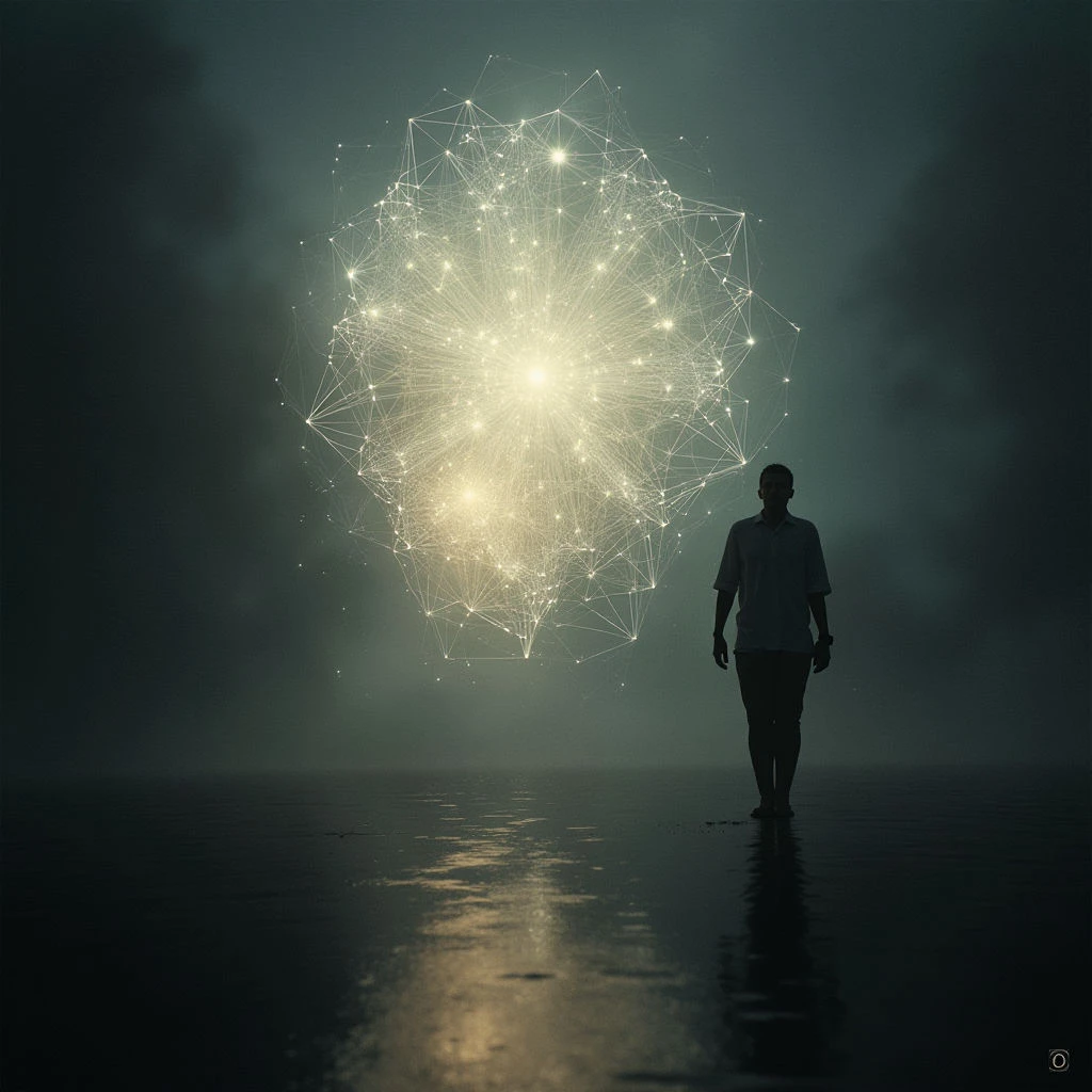 A lone figure walks across a dark, reflective beach towards a large, glowing geometric shape suspended in the air. The shape is composed of interconnected lines and bright points of light, radiating warmth against the muted, cloudy sky. The scene feels isolated and contemplative, with a sense of mystery surrounding the luminous form.