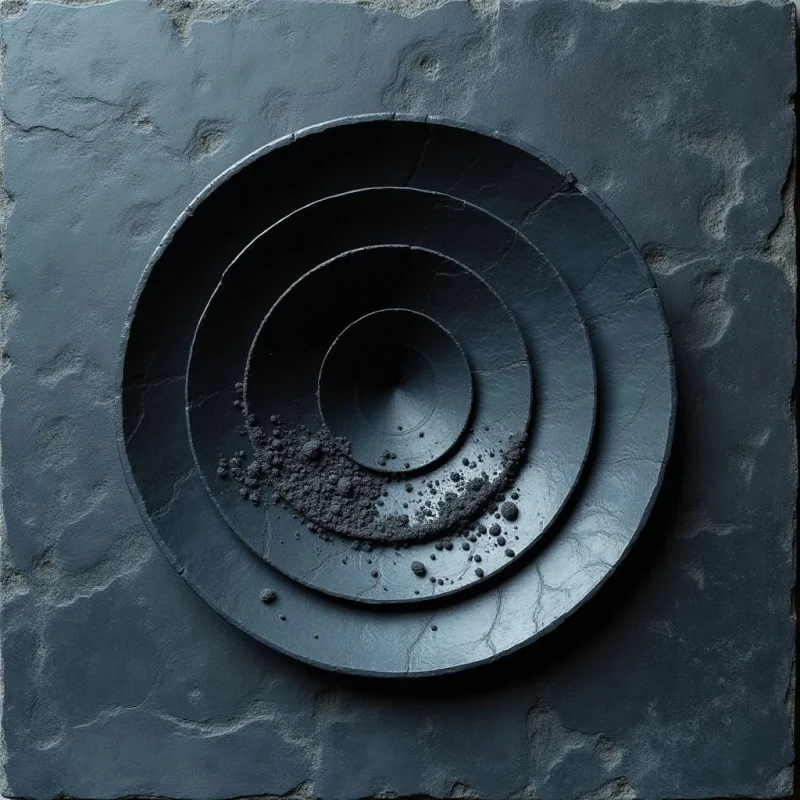 Concentric circular plates in shades of slate gray are arranged within one another atop a textured, dark stone surface. The composition features smooth, matte surfaces contrasted by gritty, granular piles of dark powder resting in the center. Dim, directional light creates deep shadows between the layers, emphasizing the depth and spatial recession of the nested shapes.