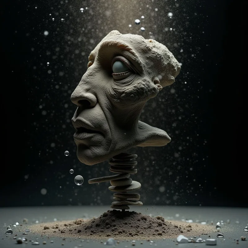 A monochromatic palette of beige and grey tones defines a sculpted human profile with a rough, granular texture. The head rests atop a vertical stack of thin, disc-like shapes that emerge from a small mound of coarse sand. A dark background is filled with suspended white particles and translucent spheres, illuminated by a central light source that creates high contrast and soft shadows.
