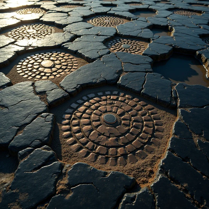 Dark, cracked earth segments are interspersed with circular, concentric patterns of raised ridges and small pools of still water. The composition features a palette of deep charcoal and earthy brown, illuminated by low-angle light that creates high-contrast highlights on the textured surfaces. These geometric circles repeat across the frame, receding into the distance to establish a sense of depth within the irregular terrain.