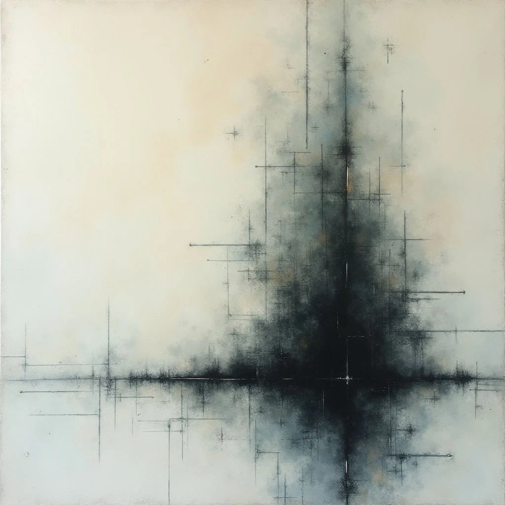 A dark, blurred vertical shape dominates the center of a pale background, appearing like a shadowy column or explosion. Thin lines, both straight and fragmented, intersect across the composition, creating a sense of structure around the central form and reflecting below it as if in water. The overall impression is abstract and atmospheric, hinting at depth and complexity within simplicity.