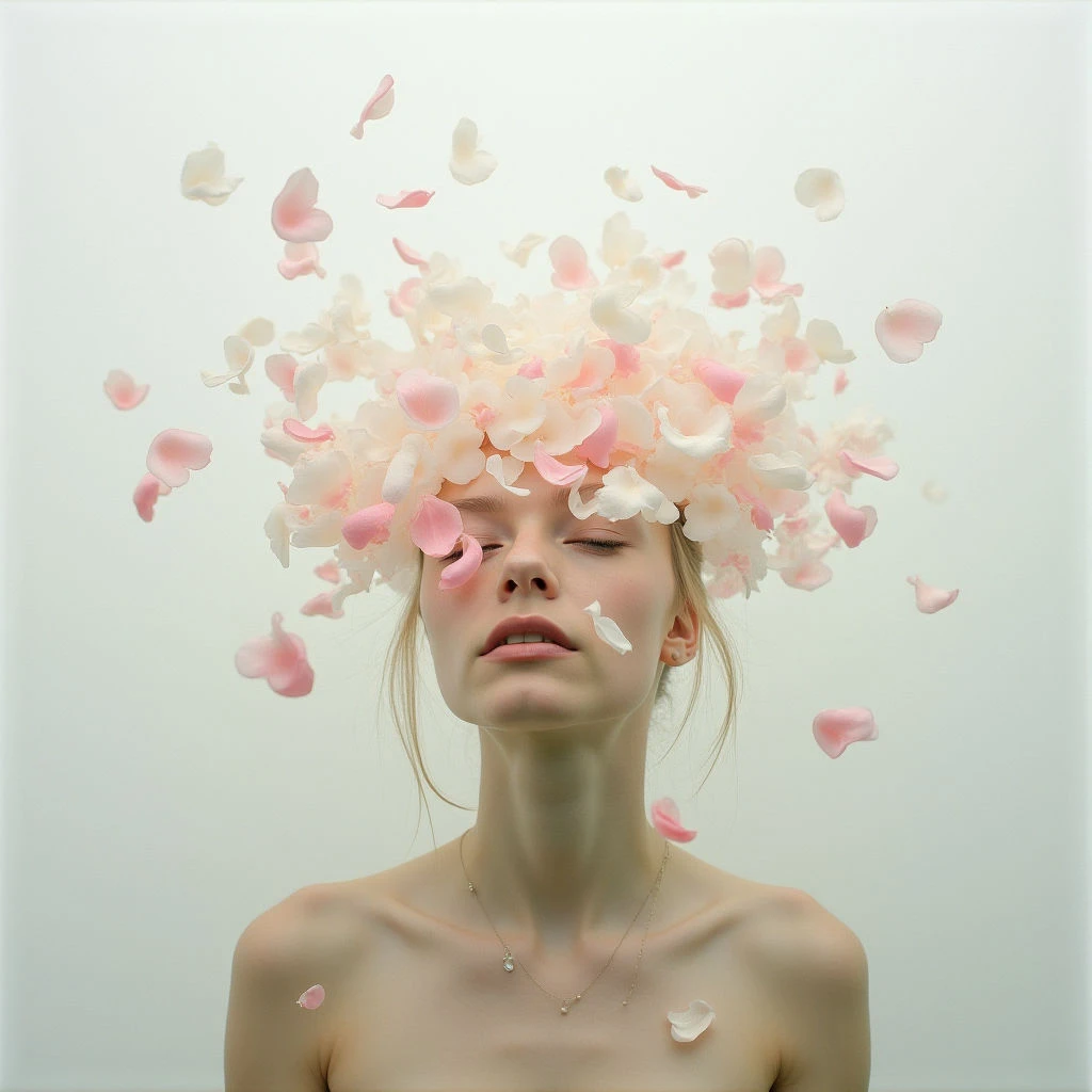 A young woman with her eyes closed is surrounded by a cloud of falling pink and white rose petals. The petals appear to be bursting outwards from around her head, almost like a halo or explosion of delicate blossoms. She wears a simple necklace against bare skin, set against a plain, light background.