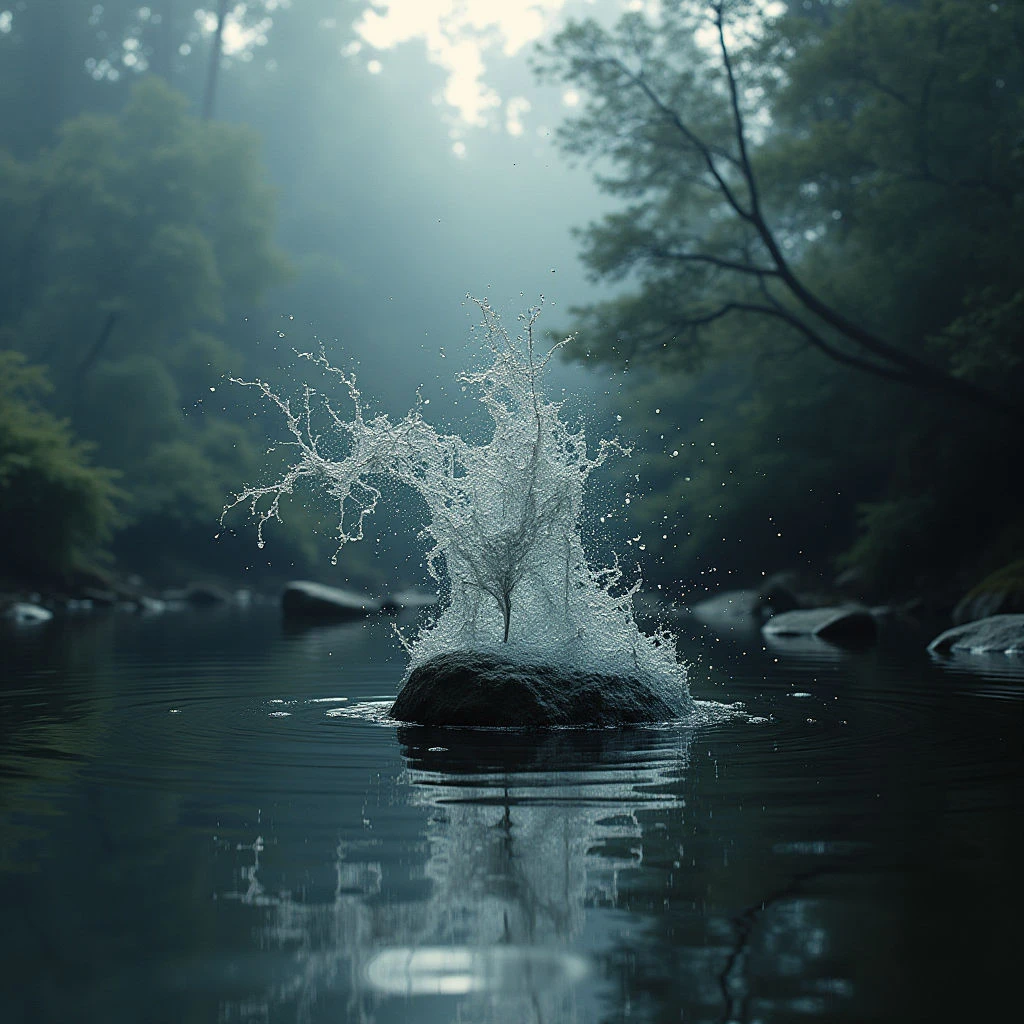 A small rock erupts with a burst of water droplets, frozen mid-air like a delicate spray of branches. The splash occurs within the still surface of a dark pond, surrounded by lush green foliage and trees. A hazy light filters through the woods, creating a peaceful and slightly mysterious atmosphere.