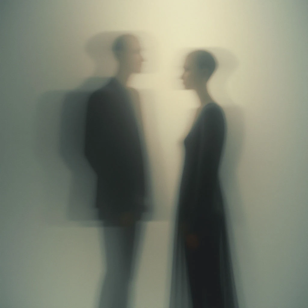 A blurry man and woman stand facing each other, their forms indistinct against a pale background. They both appear to be wearing dark clothing, with the woman’s dress flowing slightly. The overall effect is ghostly and ethereal, suggesting distance or memory.