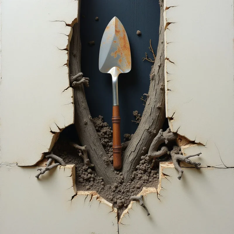 A metallic trowel with a wooden handle stands vertically against a dark navy background, framed by jagged, cream-colored cracks in a solid surface. Rough, earth-toned textures of soil and gnarled roots emerge through the fractured opening, creating depth between the foreground wall and the dark void behind. Soft, even lighting highlights the smooth sheen of the metal blade and the granular details of the dirt.