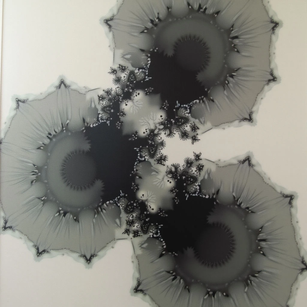 Dark, swirling shapes bloom across a white surface, resembling flowers or cellular structures. Each form features a central dark core surrounded by radiating layers and delicate branching patterns. The overall effect is organic and fractal-like, with varying shades of gray creating depth and texture.