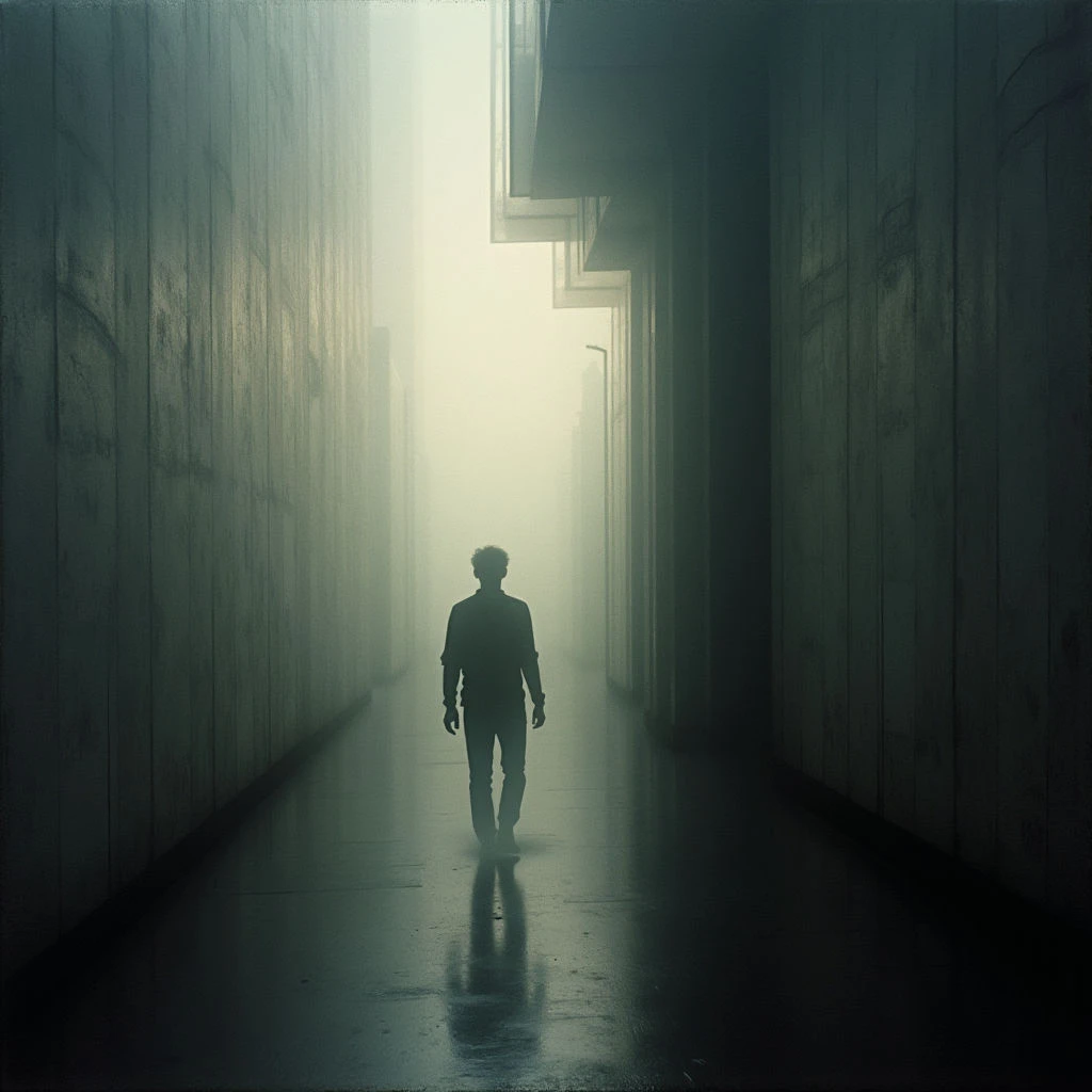 A lone figure walks down a long, narrow corridor defined by tall concrete walls. Thick fog obscures the distance ahead and creates an eerie glow, while reflecting dimly on the polished floor below. The scene is stark and isolating, emphasizing the smallness of the person within the vast, grey space.