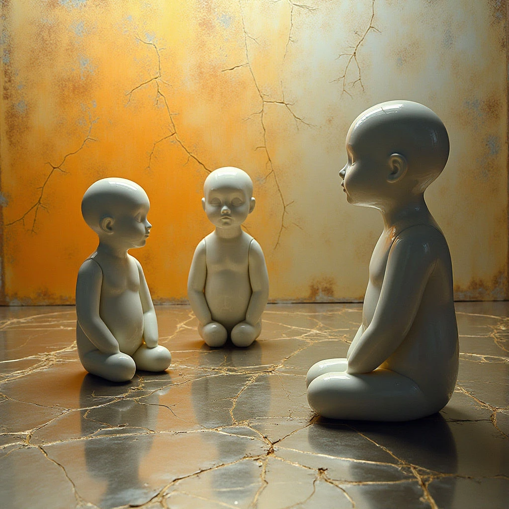 The scene features three smooth, pale figures seated in a triangular arrangement on a cracked, dark brown floor. A warm, golden-ochre wall with extensive cracking provides the backdrop, illuminated by soft light that casts subtle shadows and highlights the glossy texture of the forms. The spatial relationship suggests intimacy as the figures appear to be facing and interacting with each other within a confined space.