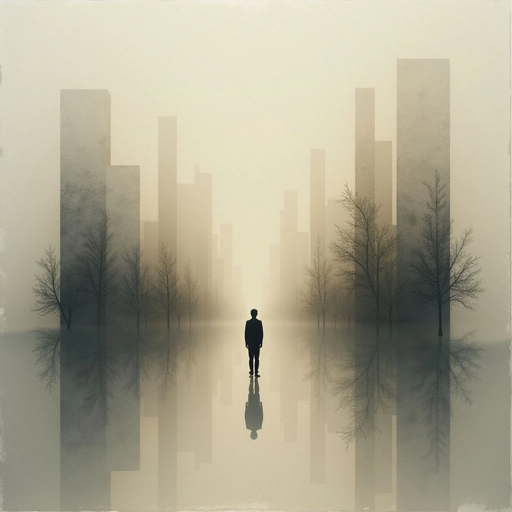 A lone figure stands facing a distant cityscape shrouded in fog. The buildings and bare trees are perfectly mirrored in the still, reflective water surrounding them, creating an eerie sense of symmetry. Everything is rendered in muted tones, contributing to a melancholic and isolated atmosphere.