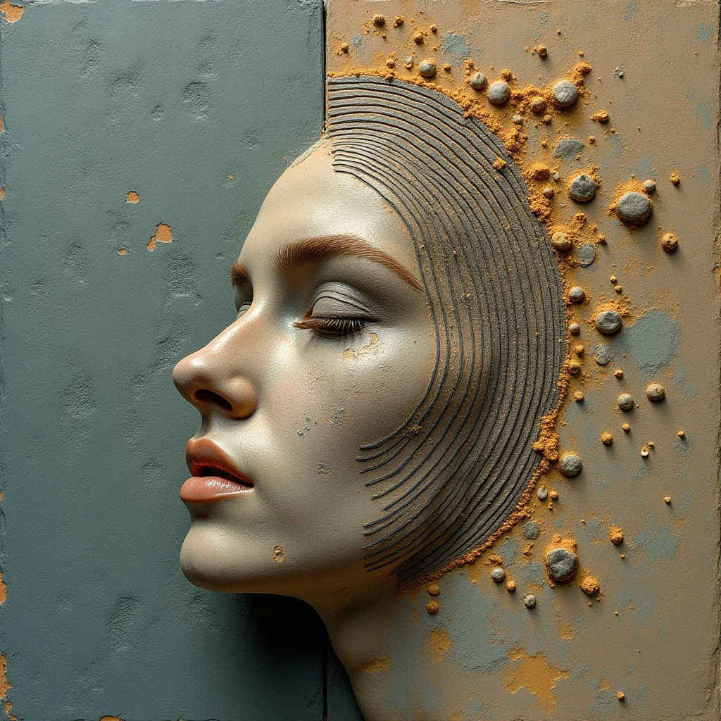 The image depicts a profile of a face bisected by a textured wall transitioning from cool teal to warm ochre. The left side of the face is smooth with linear striations while the right side features protruding, rounded forms and granular texture. Light softly illuminates the facial features and both wall surfaces, creating subtle shadows that emphasize the spatial separation between the two distinct areas.