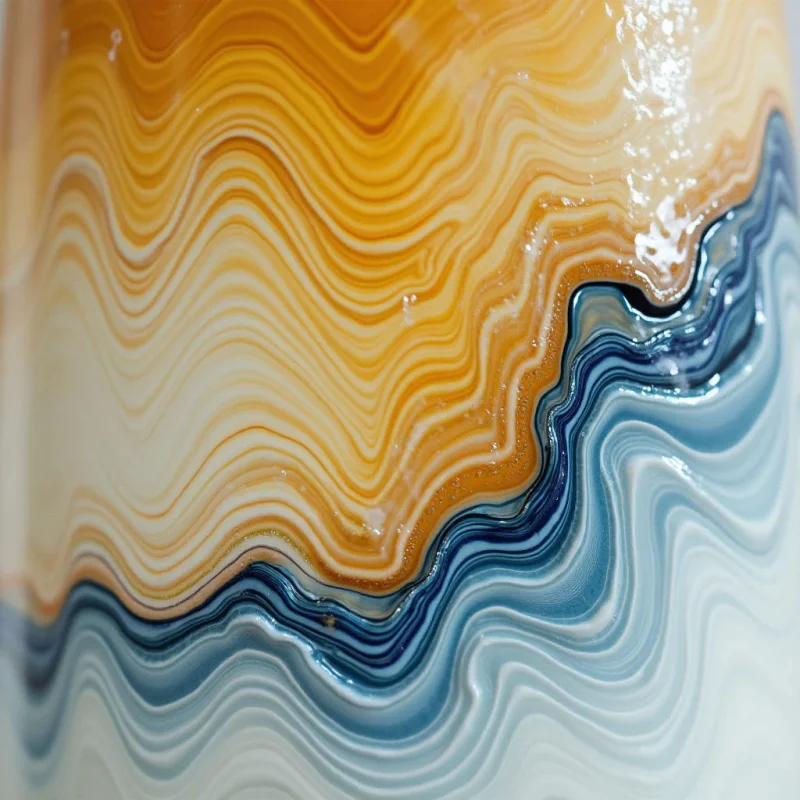 Wavy, undulating lines of ochre, cream, and deep blue create a flowing pattern of organic shapes across the surface. The composition features a smooth, glossy texture that reflects light in bright, scattered highlights. These layered colors transition from warm tones at the top to cool shades at the bottom in a continuous, rhythmic movement.