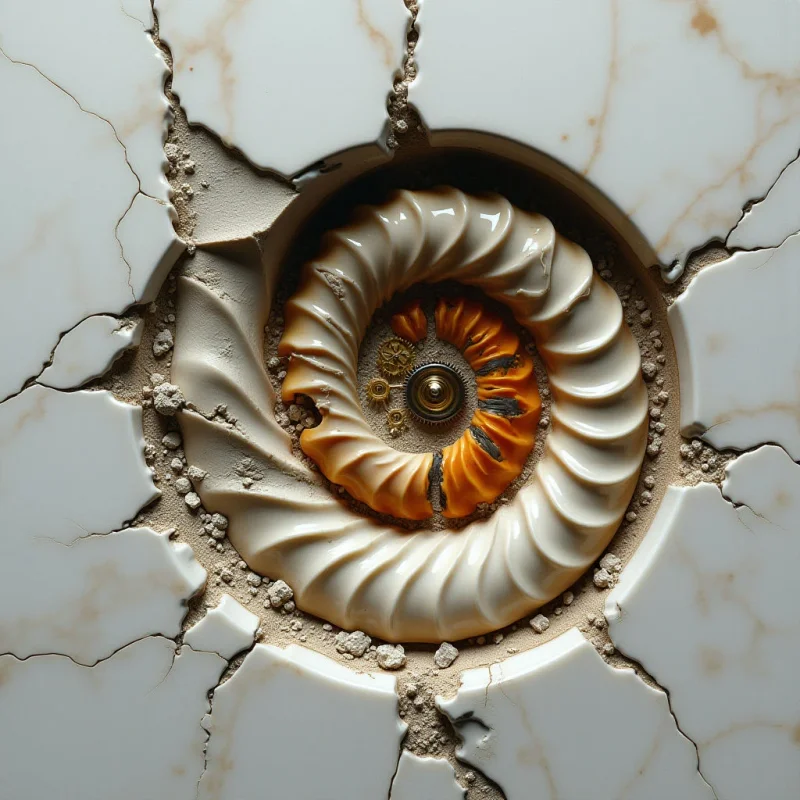 A spiral shell with white and amber ridges sits within a circular crater of coarse, sandy texture. The surrounding smooth, off-white surface is marked by thin brown veins and jagged cracks that radiate outward from the central opening. Soft light illuminates the scene, creating subtle shadows within the deep grooves of the shell and the crevices of the broken ground.