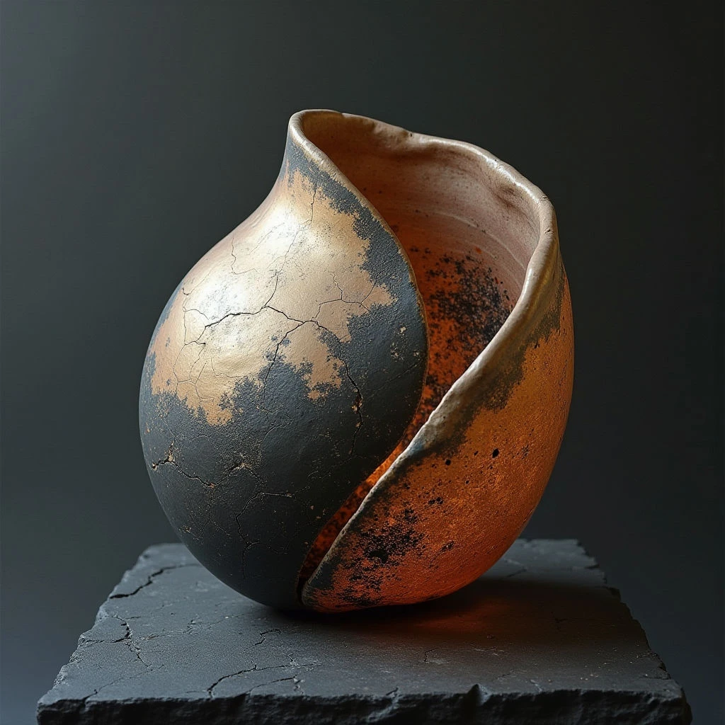 The image features a rounded vessel with a dark gray and reddish-brown color scheme, exhibiting a cracked texture across much of its surface. The form is partially open, revealing an interior glow of warm orange light that contrasts with the matte exterior finish, and it rests on a rough, angular stone base. Light appears to come from within the vessel itself, creating highlights along the edges of the opening and casting subtle shadows onto the surrounding dark background.
