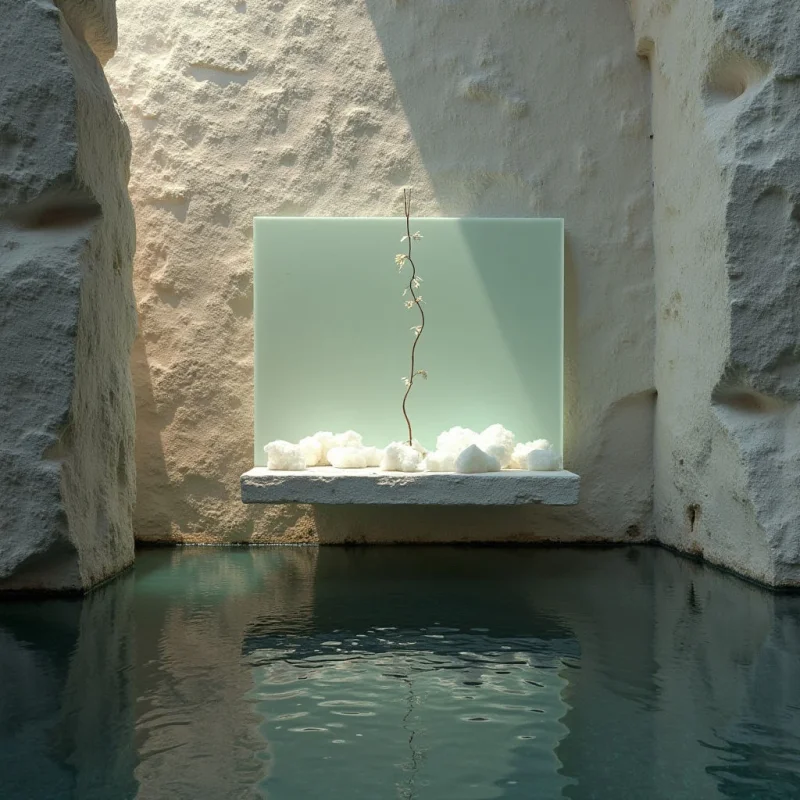 A pale, mint-green rectangular panel sits centered against a textured, off-white stone wall, framed by two vertical rock formations. A single thin branch rises from a bed of soft, white cloud-like shapes resting on a stone ledge above dark, rippling water. Natural light casts diagonal shadows across the rugged surfaces, creating reflections in the teal pool below.