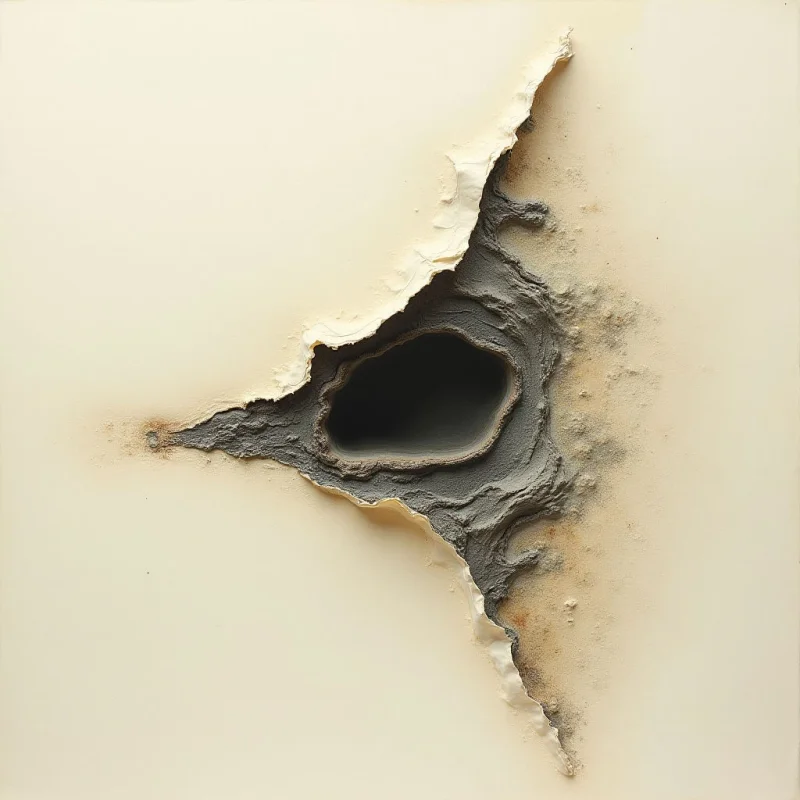 A dark, irregularly shaped void is centered within a pale cream surface, surrounded by jagged, torn edges and textured gray debris. The composition features sharp contrasts between the smooth, light background and the rough, shadowed recesses of the central opening. Subtle gradients of tan and charcoal transition from the bright periphery into the deep shadows of the crater-like center.