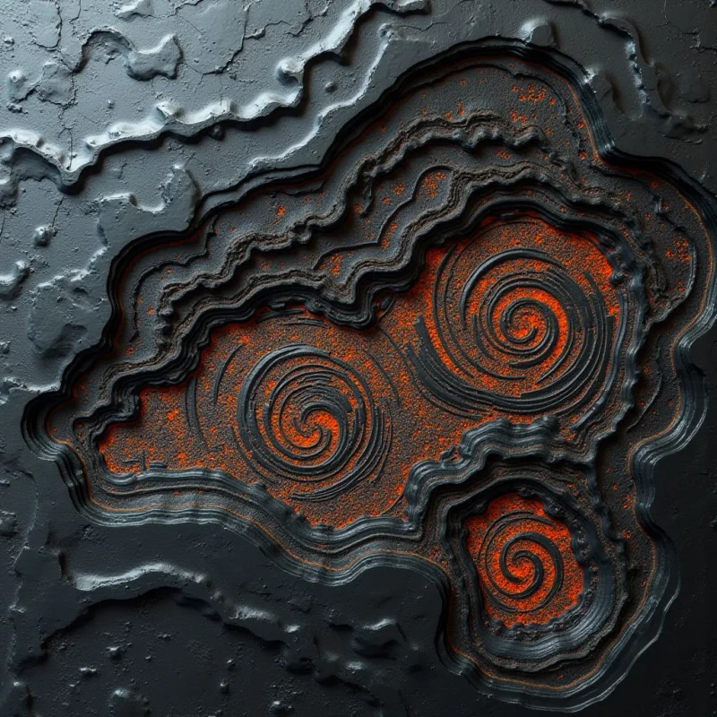 The image features a dark gray, heavily textured surface with three circular indentations filled with an orange, granular material. Concentric, wavy lines define the edges of these cavities, creating a layered effect and suggesting depth. Light appears to be focused within the orange areas and on raised portions of the gray texture, casting shadows that emphasize the relief and spatial arrangement.
