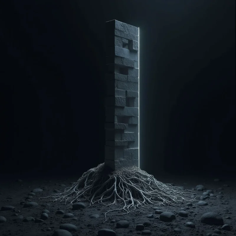 A tall, rectangular pillar composed of dark, textured stone blocks stands vertically in a dim, monochromatic space. A bright white light emanates from the inner edge of the column, casting a glow against the surrounding darkness and highlighting a network of tangled, organic roots spreading across the rocky ground below. The composition is centered and symmetrical, emphasizing the stark contrast between the geometric structure and the irregular textures of the stone and roots.