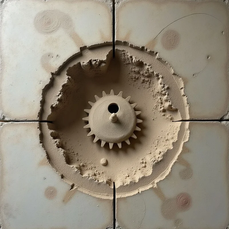 A central, gear-like shape with serrated edges sits within a deep, circular crater characterized by rough, sandy textures. The composition uses monochromatic beige and tan tones, featuring soft shadows that define the depth of the cavity and the relief of the surrounding surface. Four rectangular tiles form a grid background, marked by subtle circular stains and thin dividing lines.