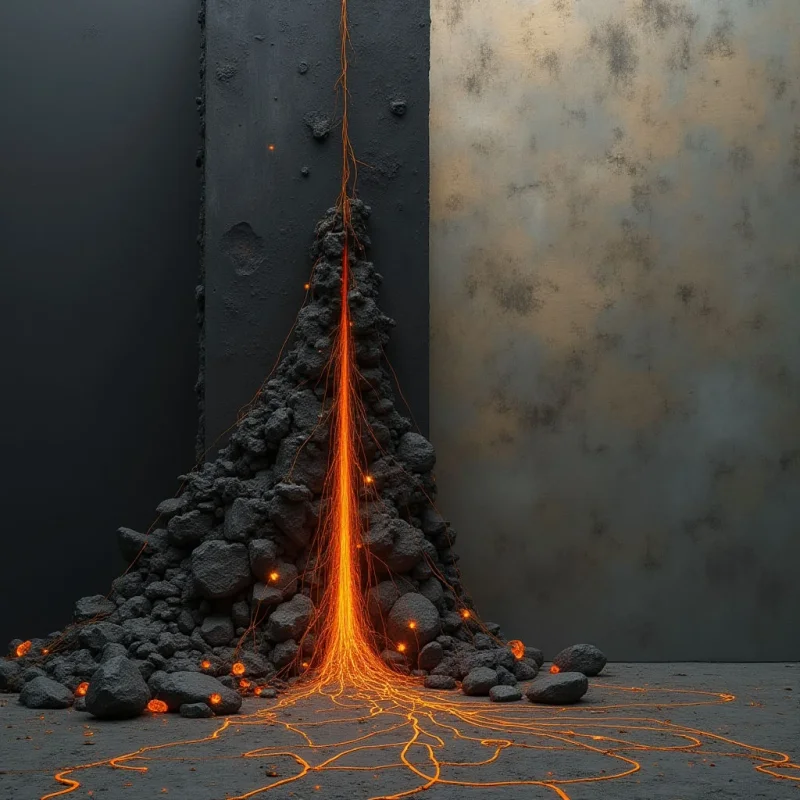A pile of dark, jagged rocks sits against a vertical backdrop divided between matte black and textured grey surfaces. A glowing orange stream of molten light flows vertically through the center of the stones, branching out into thin, luminous veins across the ground. The composition relies on high contrast between the dark, rough textures of the debris and the bright, fluid lines of the orange energy.
