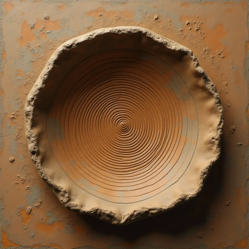The image features a roughly circular form composed of earthen tones—primarily browns and tans—set against a similar background surface. Concentric ridges build toward the center of the shape, contrasting with the irregular, textured edge of the form and the mottled texture of the surrounding plane. Light appears to come from above, casting subtle shadows that emphasize the depth of the central spiral and the raised relief of the object.