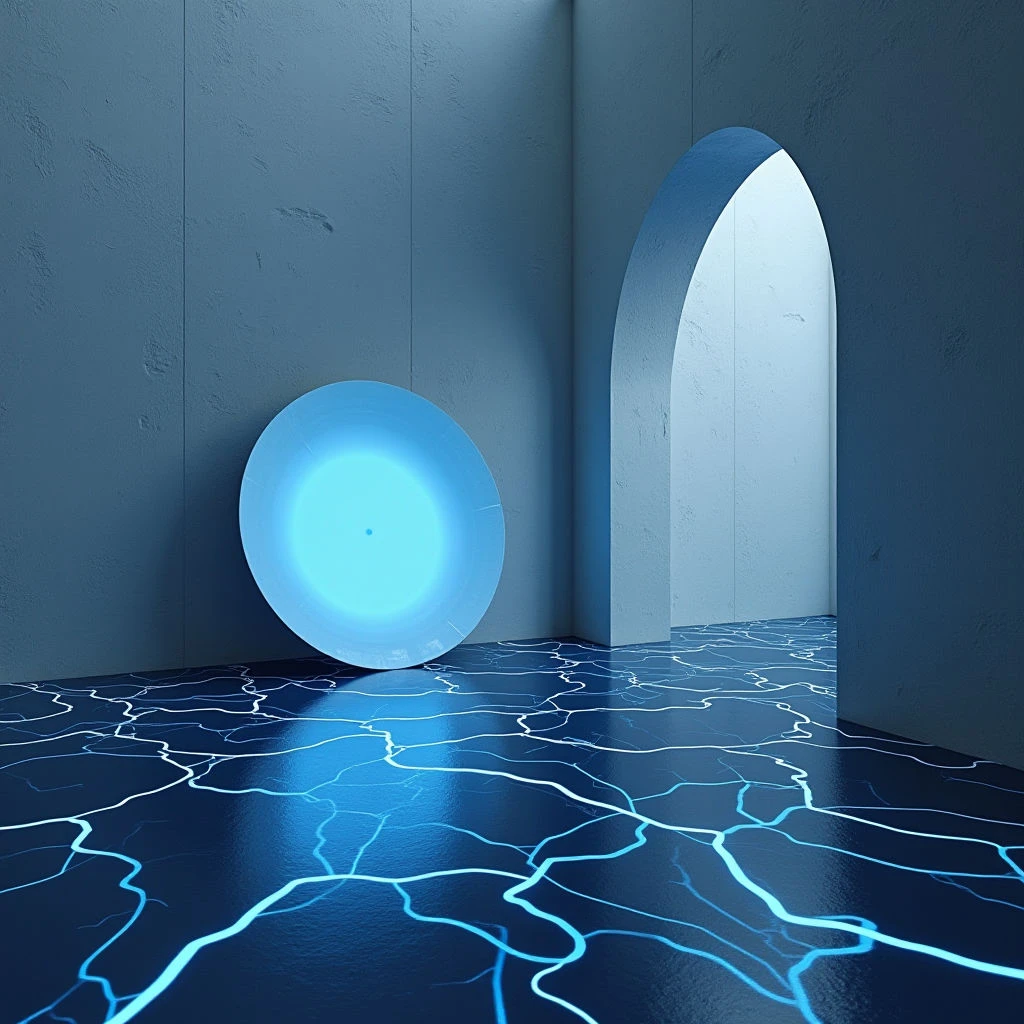 The image is dominated by cool blues and teals, ranging from dark, saturated tones on the floor to lighter shades on the walls and in a glowing orb. The floor features a cracked, vein-like texture with reflective surfaces, contrasting with the smoother, more uniform surfaces of the surrounding architecture. A large arched opening reveals darkness beyond, while the centrally placed orb emits bright light that casts reflections across the space and defines spatial depth.