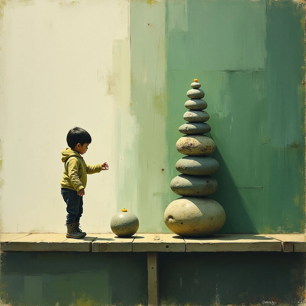 The image features a muted color palette dominated by shades of green and beige, with pops of yellow on several stones. A stack of rounded stones rises vertically from a wooden platform, contrasting with the smooth planes of the wall behind it and the figure of a small child standing to its left. Strong directional light casts shadows that define the forms and textures of the objects, emphasizing their spatial arrangement within a shallow depth of field.