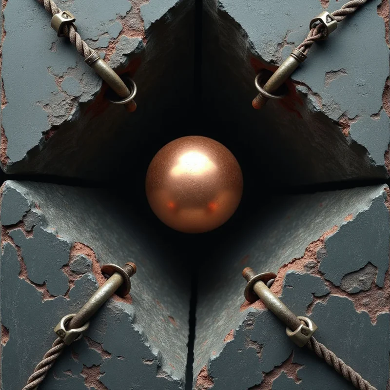 A smooth, copper-colored sphere sits centered within a dark, star-shaped crevice formed by four jagged, slate-gray slabs. The gray surfaces feature rough, chipped textures with reddish-brown undertones visible beneath the peeling outer layer. Light reflects off the central orb and metallic hardware, creating highlights that contrast against the deep shadows of the recessed center.