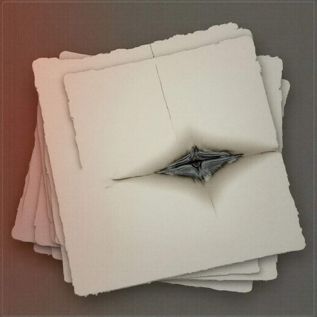 The image features a stack of roughly square, off-white sheets that appear textured like paper or fabric, diminishing in visibility towards the base of the pile. A dark, jagged opening disrupts the center layers, revealing shadowed depths within and contrasting with the lighter surfaces. Soft light creates subtle gradients across the forms, highlighting edges and suggesting a three-dimensional arrangement against a muted brown background.