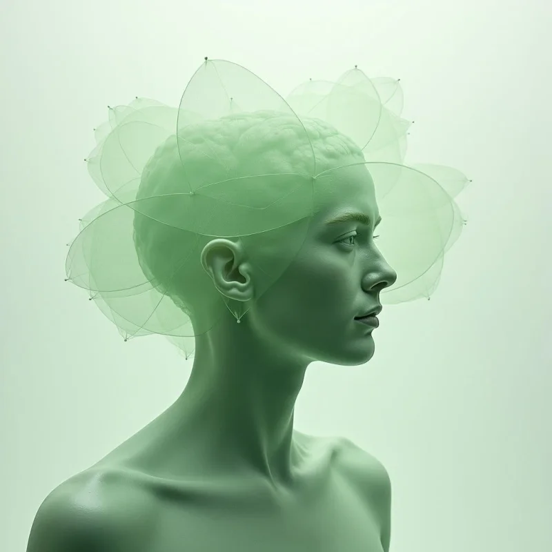 The image features a monochromatic palette of soft greens, ranging from pale mint to slightly deeper shades, applied across the figure and background. A smooth, sculpted texture defines the face and neck, contrasted by a delicate, geometric network of translucent shapes surrounding the head like a halo; this network appears weightless against the solid form. Soft, diffused light evenly illuminates the subject, minimizing strong shadows and creating a sense of flatness in the spatial arrangement with little depth perception.