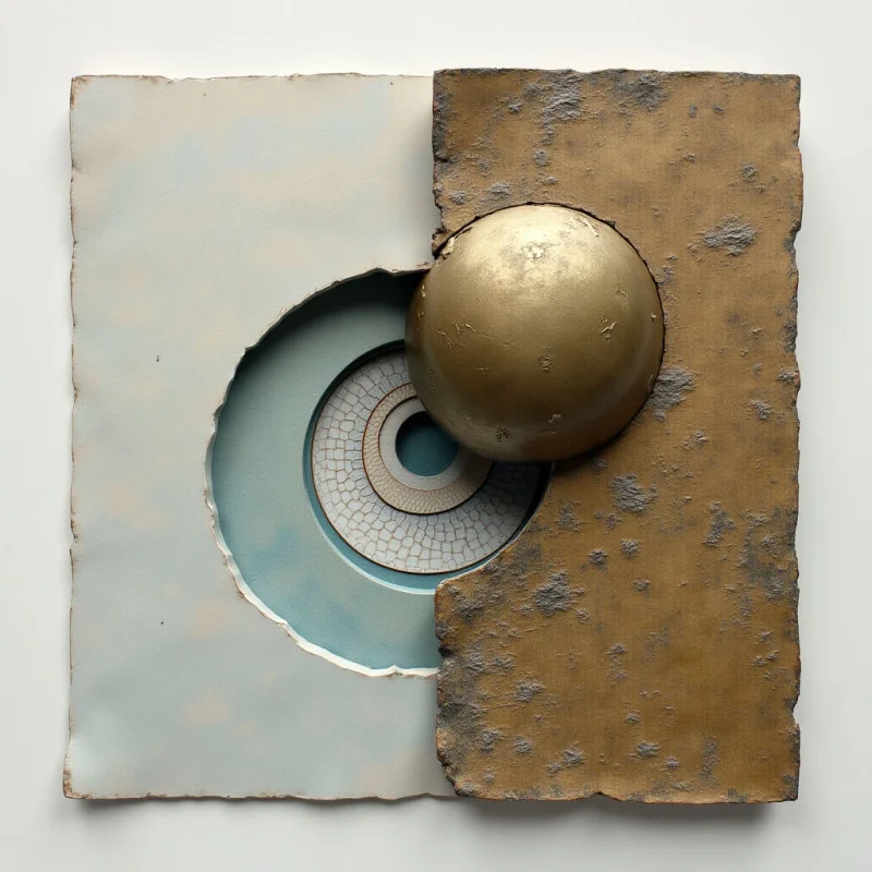 The artwork features a split composition of two rectangular forms—one pale blue and one golden brown—with rough, uneven edges where they meet. A circular opening is carved into the blue form revealing concentric rings of white and teal tile, while a smooth, metallic sphere partially obscures this opening and rests on the brown surface. Light appears diffused across both surfaces, highlighting textural variations in the aged appearance of each material and creating subtle shadows around the sphere's edges.