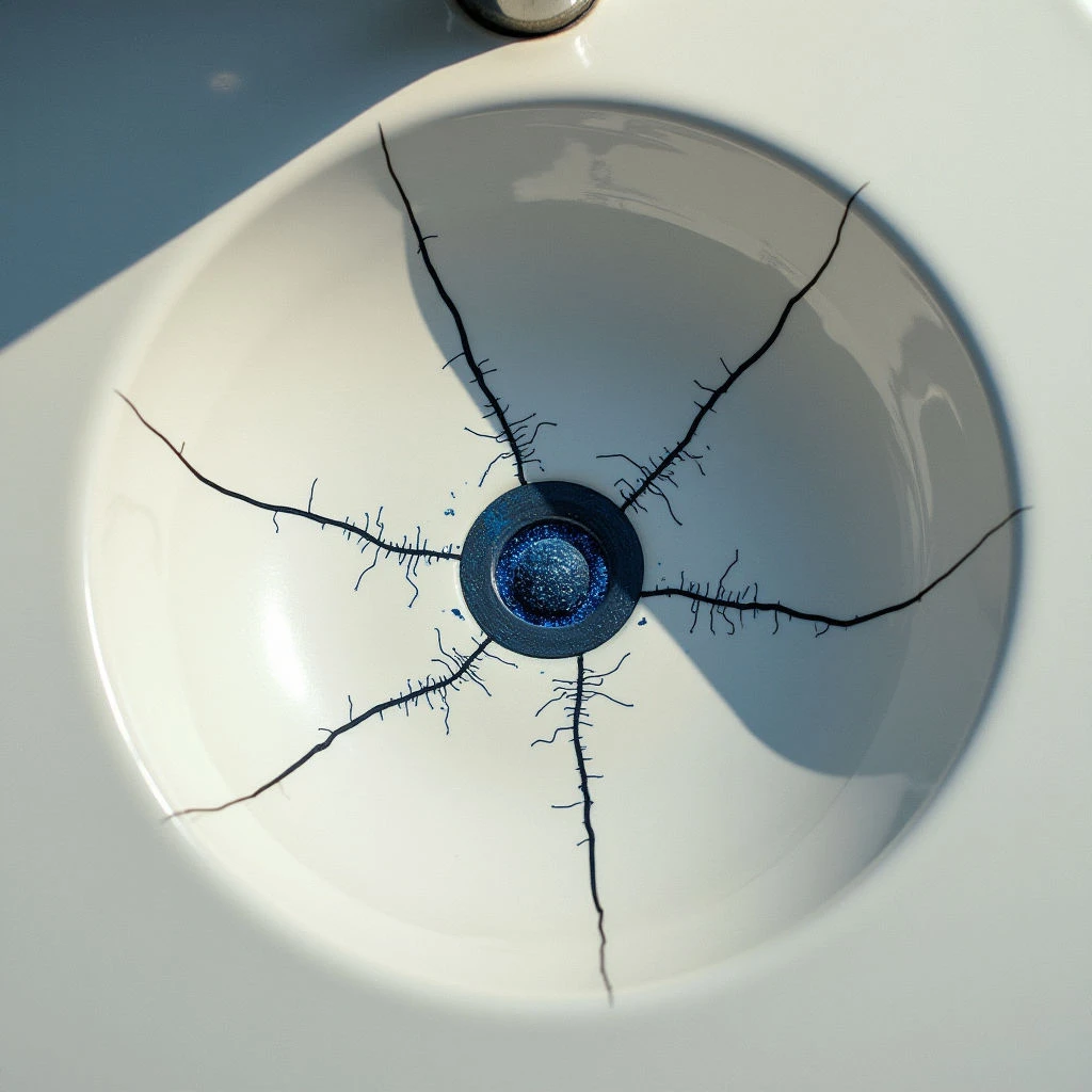 The image features a predominantly white circular sink with a dark blue drain at its center, bisected by a network of thin black lines radiating outwards from the drain. The sink’s surface appears smooth and glossy, contrasting with the rougher texture implied by the crack-like lines; light reflects unevenly across the basin, creating subtle shadows. A portion of a surrounding white surface is visible in the upper left corner, slightly angled away from the viewer and casting a shadow along one edge of the sink.