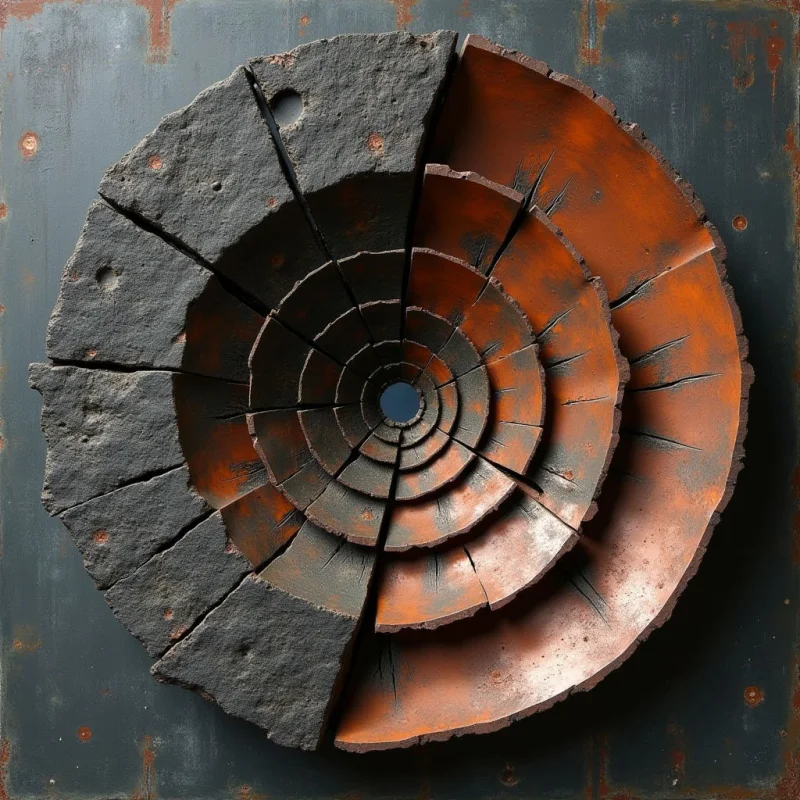 A circular relief features a split color palette of dark charcoal grey on the left and burnt orange on the right, arranged in concentric, segmented rings that spiral toward a central void. The surfaces exhibit rough, stony textures with irregular cracks and pitted holes, set against a weathered, metallic background marked by rust spots. Light originates from the upper left, casting deep shadows within the recessed layers to emphasize the depth and radial symmetry of the composition.
