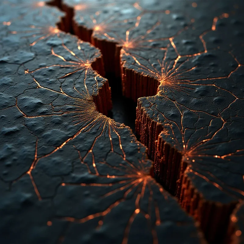 A deep, jagged fissure divides a dark, textured surface of cracked earth. Glowing orange light emanates from within the crevice and follows the web of fine, radiating lines across the matte black terrain. The composition emphasizes the sharp contrast between the shadowy, uneven ground and the luminous, fiery veins.