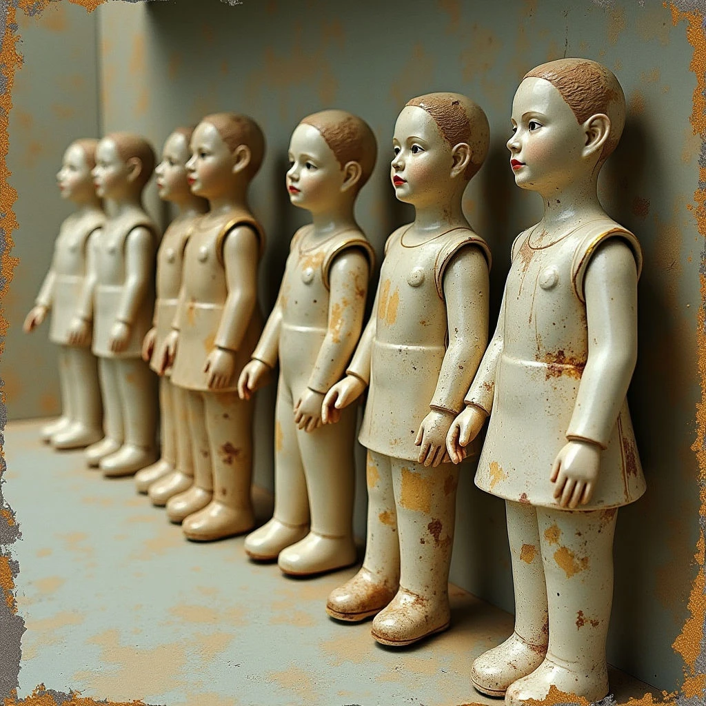 A row of seven similar figures stands in profile against a muted green wall. The figures are primarily pale beige with reddish accents on the lips and cheeks, exhibiting a textured surface suggesting age or wear with areas of discoloration and chipping. They are arranged closely together, receding into space along a low horizontal plane, creating a sense of repetition and diminishing scale.