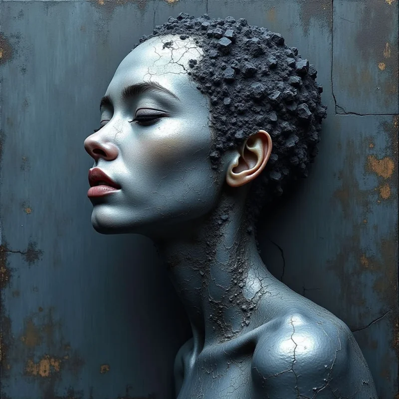 A profile of a figure with metallic silver skin and textured, dark charcoal hair is set against a weathered, blue-grey background. The composition features smooth, reflective surfaces contrasted by cracked patterns and granular, stone-like textures on the head and neck. Light hits the facial contours from the front, creating soft highlights and shadows that define the spatial depth between the subject and the flat backdrop.