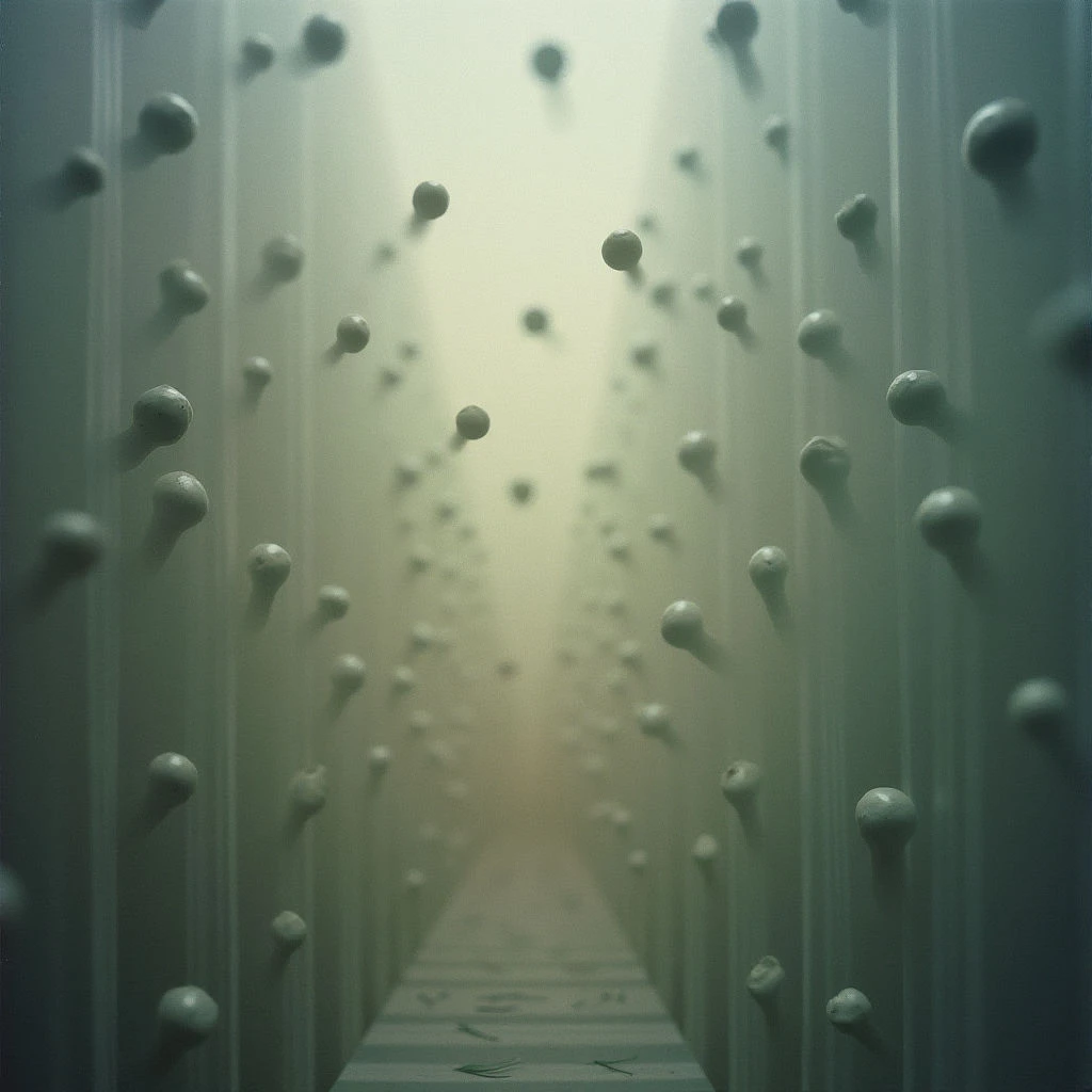 A long, narrow hallway stretches into a hazy distance, lined with vertical pillars on either side. Numerous bulbous shapes float suspended in the air throughout the space, diminishing in size as they recede toward a bright light at the far end. A checkered floor leads the eye down the corridor, marked by subtle directional arrows.