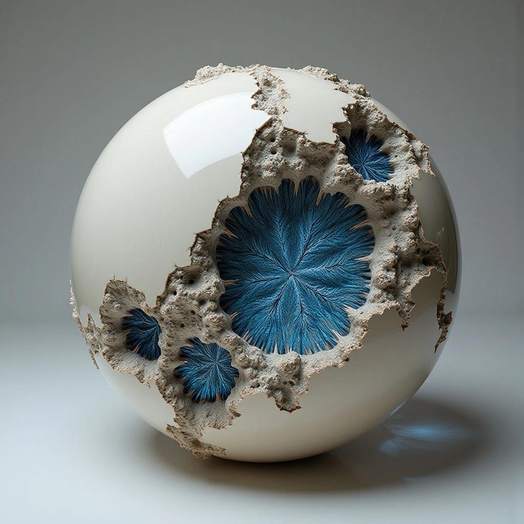 The primary form is a largely smooth, off-white sphere with several irregularly shaped cavities carved into its surface. Within these openings are dense clusters of radial lines in shades of deep blue, contrasting sharply with the surrounding material. Light reflects strongly off the polished exterior, creating highlights and casting soft shadows that define the object’s rounded shape and spatial position on a neutral ground.