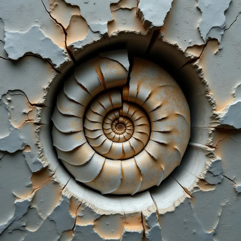 A central spiral shell composed of segmented, cream and tan layers is embedded within a cracked, greyish-white stony surface. The composition features concentric circular shapes and jagged, irregular fissures that radiate outward from the center. Soft lighting creates deep shadows within the crevices and highlights the smooth yet weathered textures of the shell and the surrounding stone.