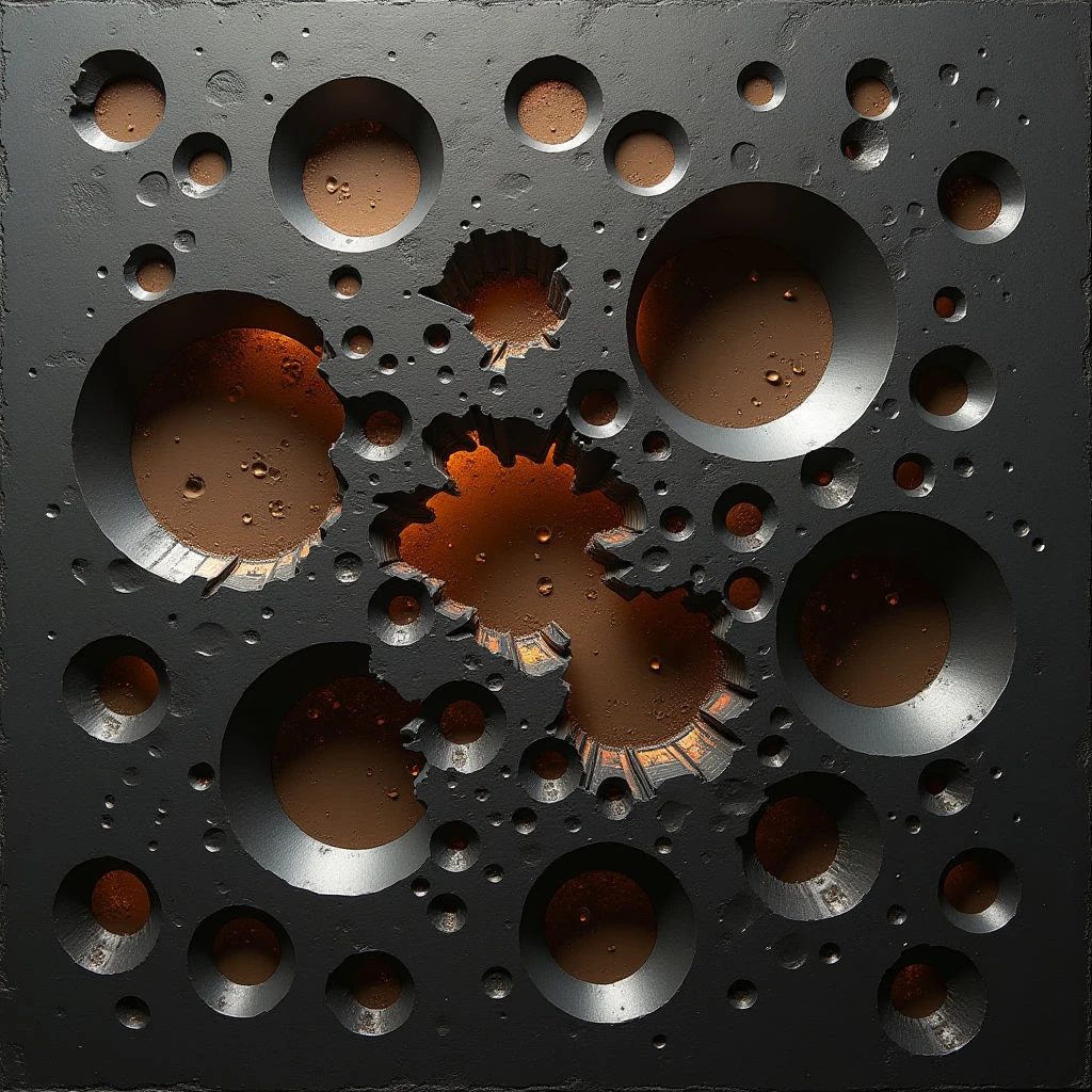 The image features a dark gray, roughly textured surface riddled with circular indentations of varying sizes. Within these holes and larger cavities are areas of warm brown tones that appear slightly glossy and unevenly lit, creating highlights and shadows. The spatial arrangement suggests depth, as the holes seem to penetrate the gray material, with smaller ones scattered around a central cluster of larger openings.
