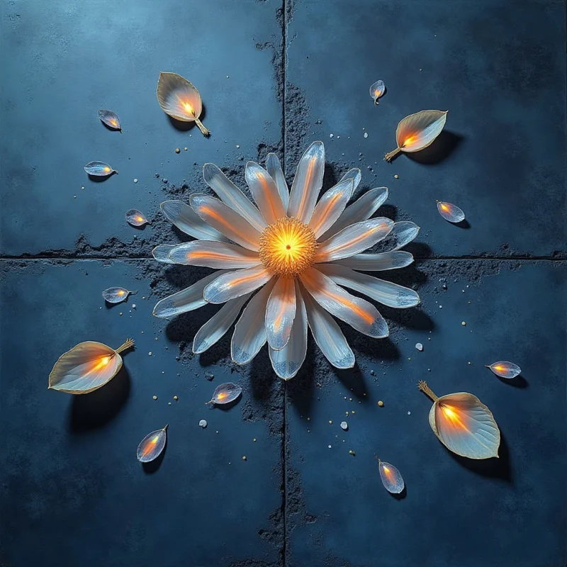 The image features a central flower with translucent white petals radiating from a bright orange core, set against a dark blue textured surface divided into square sections. Scattered around the bloom are smaller golden leaves, appearing to float or fall across the plane, and tiny flecks of light. The lighting source seems internal within the flower and leaves, creating highlights and shadows that define their forms and suggest depth despite the relatively flat spatial arrangement.