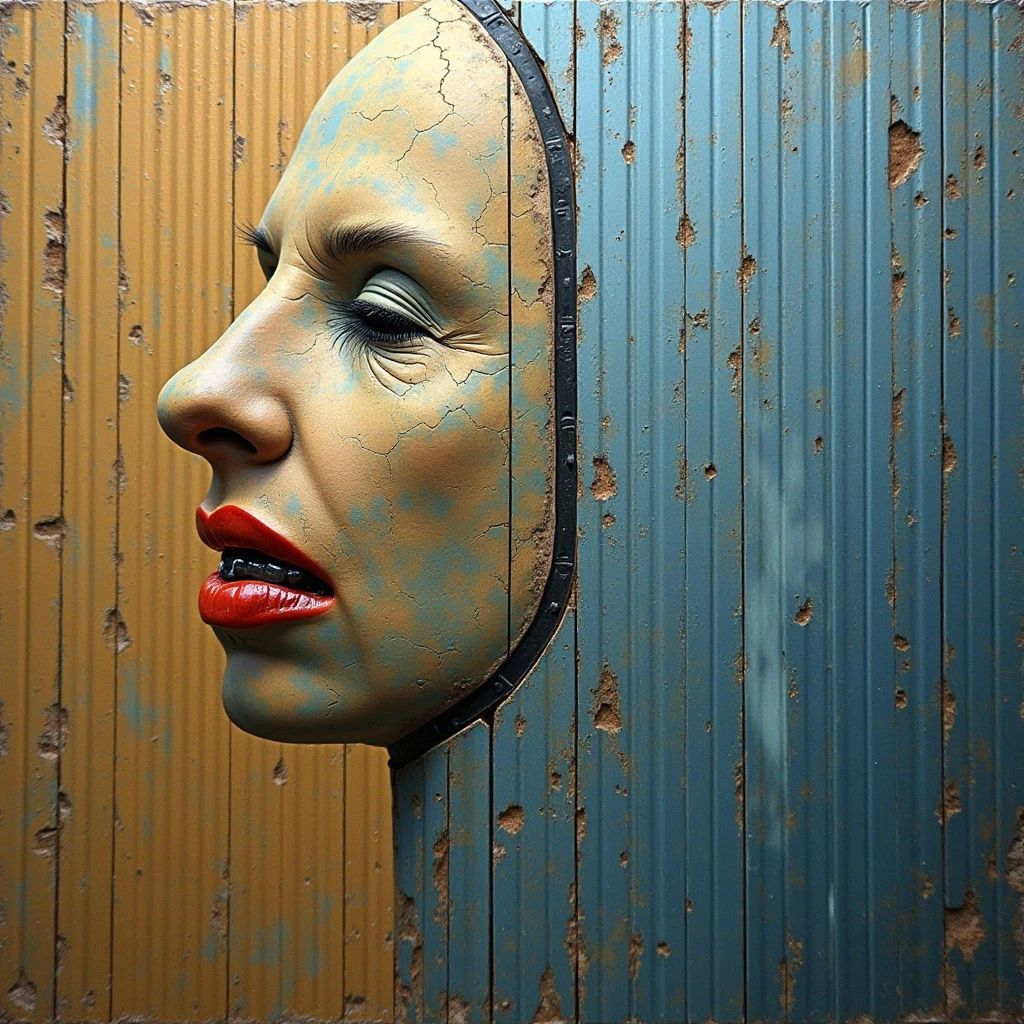 The image features a partial face bisected vertically against a textured wall of vertical planks. One half of the face is rendered in shades of gold with teal crackling, while the other is a muted blue, both with bright red lips. Light appears to come from the front and slightly above, creating shadows that emphasize the form of the face and the uneven surface of the wooden wall behind it.