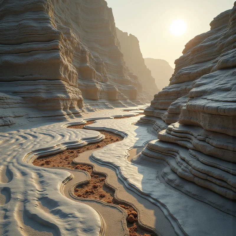 Layered, undulating rock formations in shades of pale cream and tan create a rhythmic pattern of horizontal lines through the canyon. A winding riverbed of reddish-brown sand cuts through the center, contrasting with the smooth, light-colored surfaces of the surrounding cliffs. Bright sunlight descends from the upper right, casting soft shadows into the crevices and illuminating the hazy atmosphere between the steep walls.