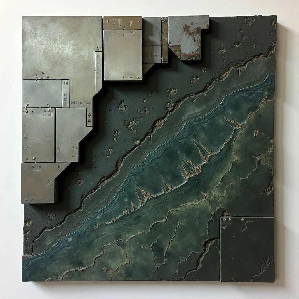 The work is predominantly composed of muted greens and grays with hints of brown, appearing as a textured landscape built upon a flat surface. Geometric rectangular shapes are layered on top of organic, cracked forms, creating varied depths and a sense of relief. Light falls unevenly across the piece, highlighting the rough surfaces and casting subtle shadows within the crevices and between the raised elements.