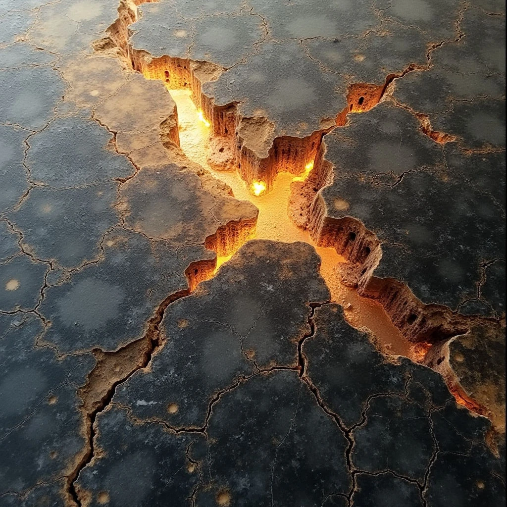 The image is dominated by dark, cool grays and browns contrasted with warm oranges and yellows emanating from fissures within a fractured surface. The texture appears rough and uneven, with cracks and broken pieces forming irregular shapes across the plane. Light sources are internal to the breaks in the surface, casting glows and shadows that define depth and spatial relationships between the fragmented sections.