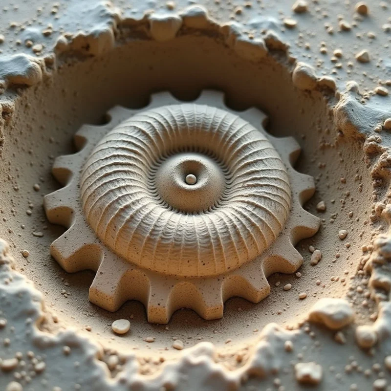 A gear-shaped object with a spiral, ribbed texture sits centered within a circular depression in sandy ground. The composition uses monochromatic beige and tan tones, with soft light creating subtle shadows within the grooves and around the rim of the pit. Small pebbles are scattered across the granular surface, framing the central geometric form.