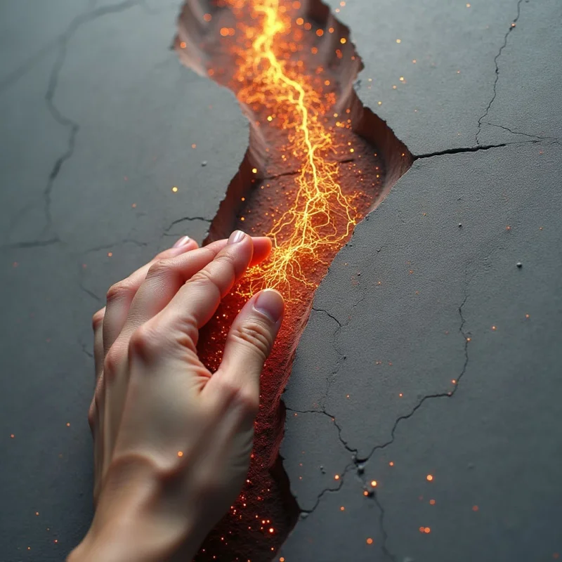 A pale human hand reaches toward a jagged, dark gray fissure that splits through a matte, textured surface. Glowing orange and yellow lines of light crackle within the deep crevice, casting a warm radiance against the surrounding shadows and small floating embers. The composition centers on the contrast between the smooth skin of the hand and the rough, fractured terrain of the split ground.