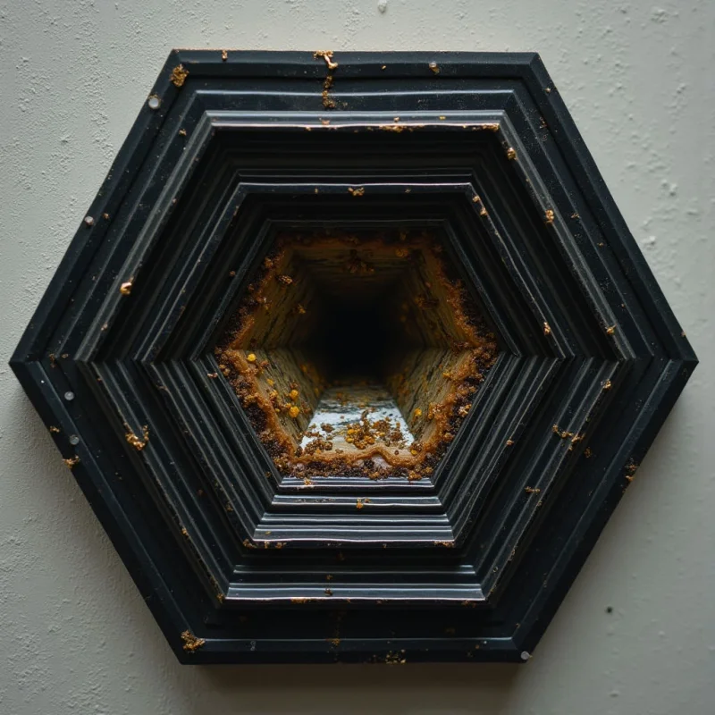 The image features a series of concentric hexagonal frames in shades of dark gray and black, diminishing in size towards a central void. Within the innermost hexagon is a rough, textured surface composed of golden-brown granular material that appears to recede into darkness. Light sources are not directly visible, but illuminate the interior texture while creating shadows along the frame edges and a slight gradient on the surrounding wall.