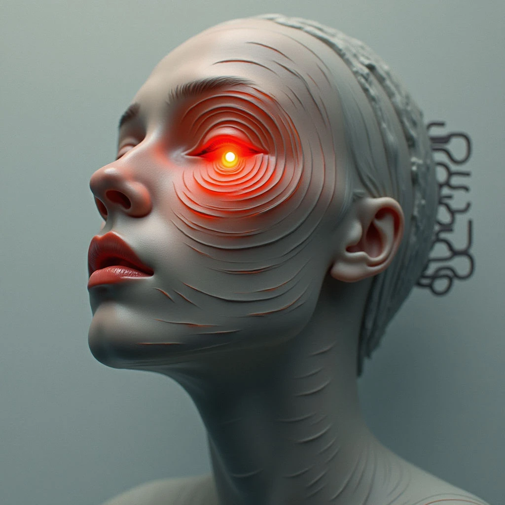 The image depicts a pale, smooth head in profile against a muted blue background. Concentric, wave-like ridges of orange texture emanate from the eye socket, which contains a glowing red orb as its focal point. Light appears to be diffused and even across the face, with subtle shadowing defining the contours of the neck and features; an abstract, linear pattern is visible on the right side of the head’s surface.