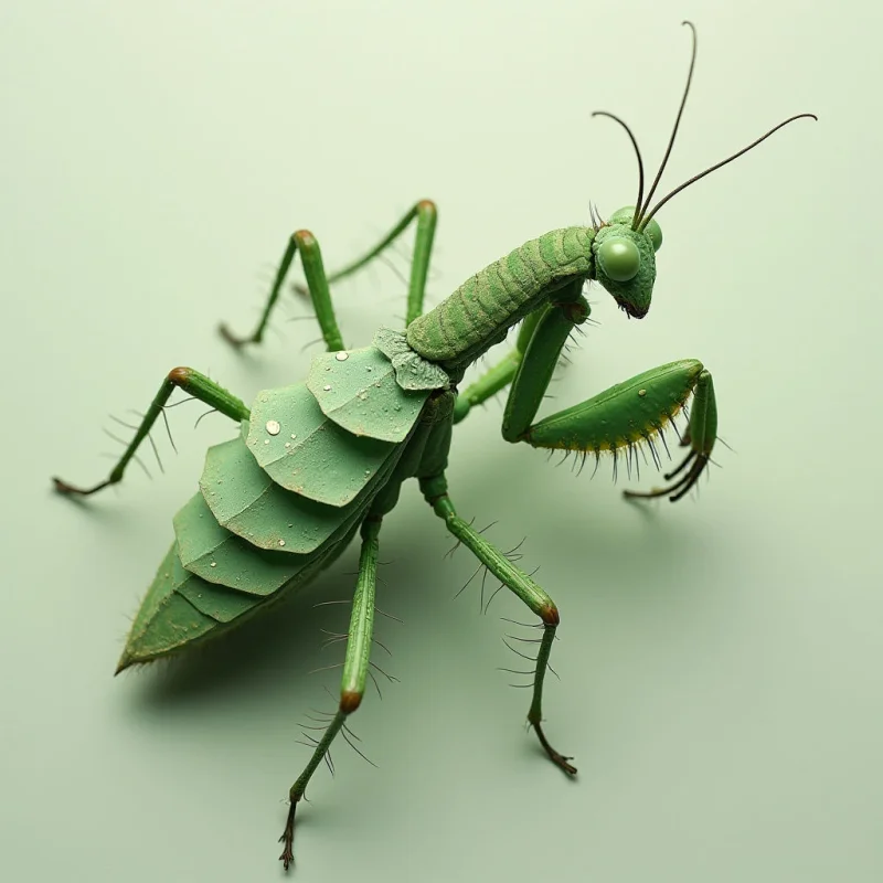 The image features a predominantly green color palette, ranging from pale mint to deeper forest shades, applied to an insect form. Surfaces exhibit varied textures – smooth, segmented plates on the body contrast with fine hairs along the legs and delicate veining visible in the wings. Soft, diffused light creates subtle shadows and highlights, defining the creature’s shape against a plain, similarly-toned background, placing it as the central focus within a shallow spatial depth.